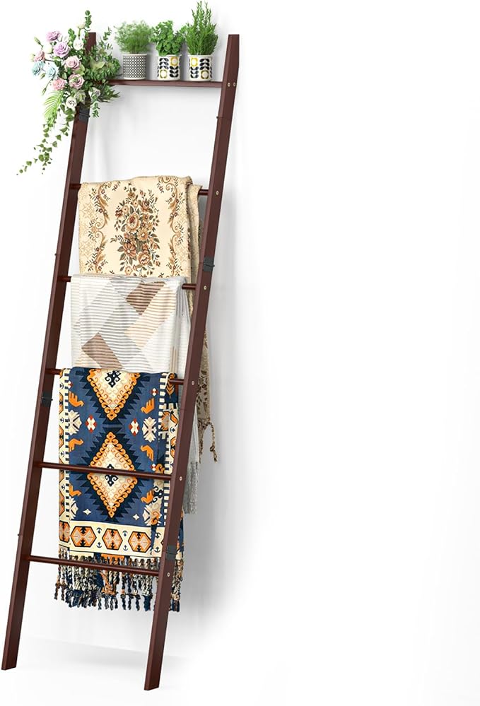 BAMBANG 6-Tier Blanket Ladder for Living Room, Blanket Quilt Ladder Rack Rustic Decorative Towel Holder, Wall Leaning Blanket