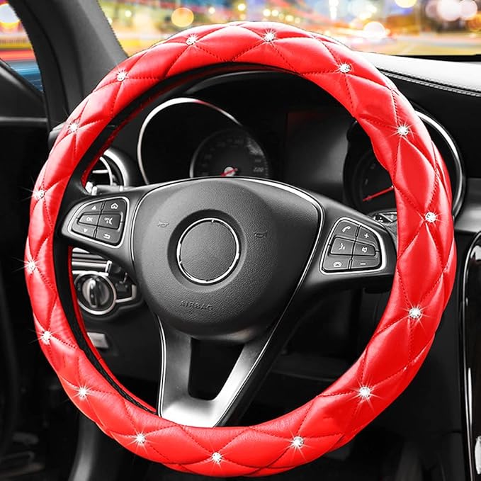 YOGURTCK Cute Diamond Soft Leather Anti-Slip Steering Wheel Cover with Bling Bling Crystal Rhinestones, Universal 15 Inch for