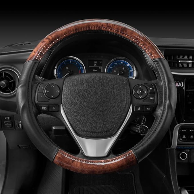 BDK Dark Wood Grain Steering Wheel Cover with Black Faux Leather Comfort Grip, Standard 15 inch Size, Car Steering Wheel Cove