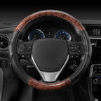 BDK Dark Wood Grain Steering Wheel Cover with Black Faux Leather Comfort Grip, Standard 15 inch Size, Car Steering Wheel Cove