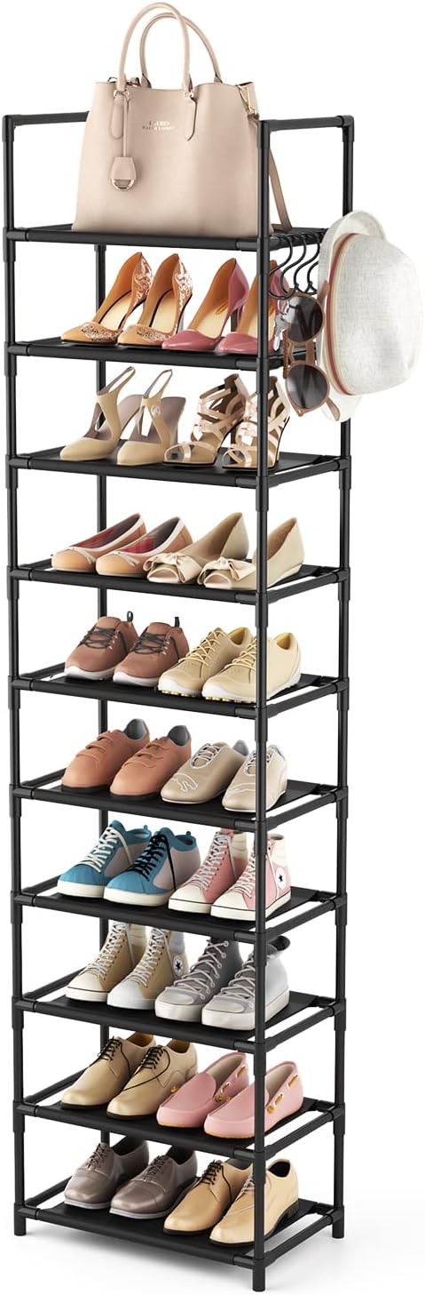LANTEFUL 10 Tiers Tall Shoe Rack 20-25 Pairs Boots Organizer Storage Sturdy Narrow Shoe Shelf for Entryway, Closets with Hook
