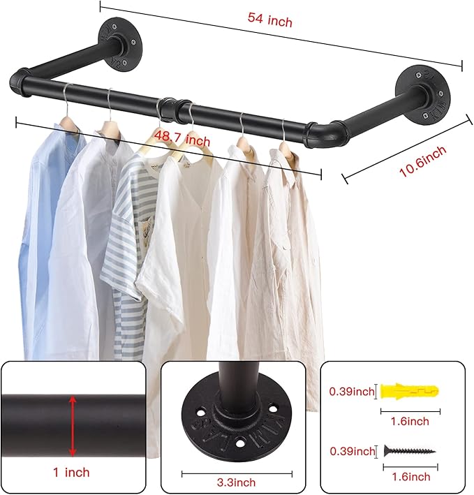 Wall Mounted Clothes Rack - 54"Industrial Pipe Clothing Garment Rack, Space - Saving Heavy Duty Detachable Black Iron Clothes