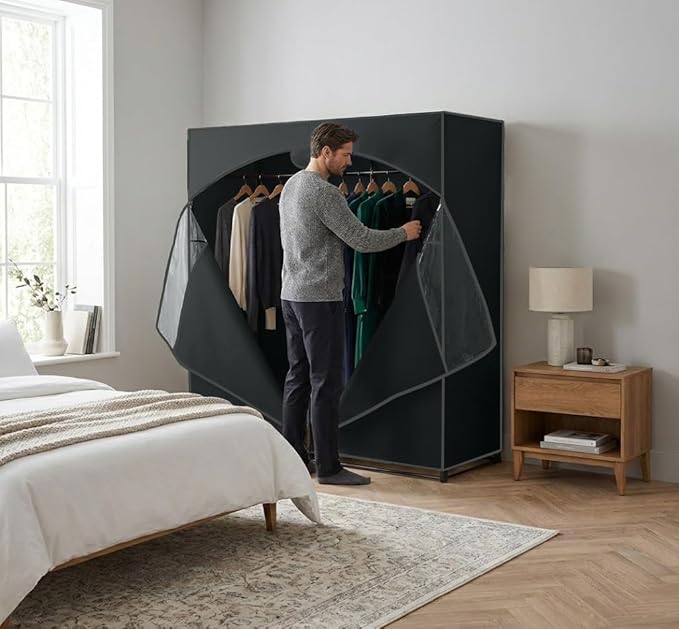 HOLDN’ STORAGE Portable Wardrobe Closet - 65 lb Large Capacity, Internal Heavy Duty Metal Rod, Zipper & Clear Window, Durable