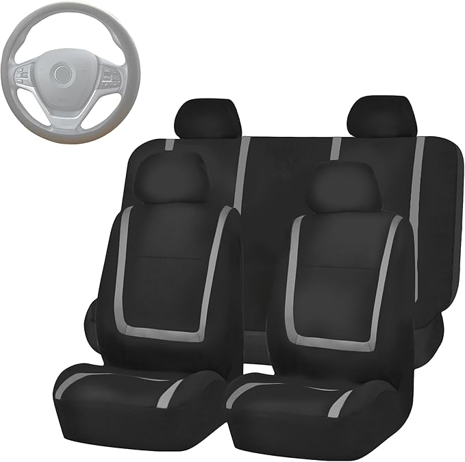 FH Group Unique Flat Cloth Full Set Car Seat Covers w. Silicone Steering Wheel Cover- Universal Fit for Most Cars, Trucks, SUVs or Vans (Gray/Black)