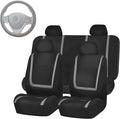 FH Group Unique Flat Cloth Full Set Car Seat Covers w. Silicone Steering Wheel Cover- Universal Fit for Most Cars, Trucks, SUVs or Vans (Gray/Black)