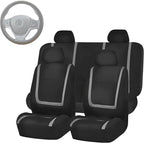 FH Group Unique Flat Cloth Full Set Car Seat Covers w. Silicone Steering Wheel Cover- Universal Fit for Most Cars, Trucks, SUVs or Vans (Gray/Black)