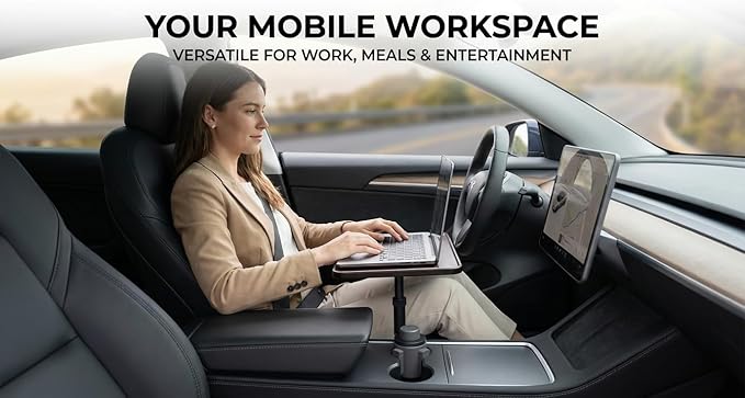 Car Desk for Laptop,360° Rotating Cup Holder Table,Walnut-Colored Wooden Car Laptop Mount,Adjustment Car Desk&Car Table Tray Compatible with Tesla Model 3/Y/S&Most Vehicles