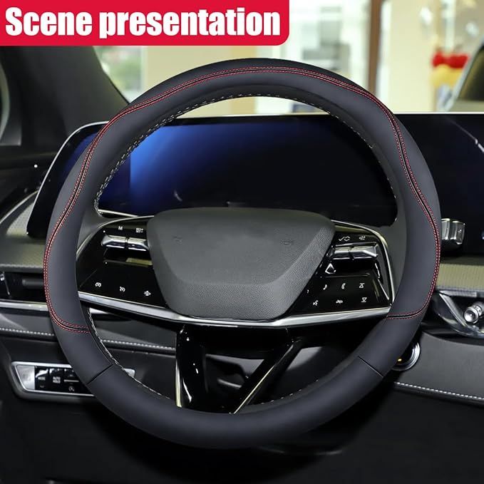 Craedli 14.5-15 Inch Leather Car Steering Wheel Cover, Non-Slip Breathable Auto Steering Wheel Protector Cover, Universal Veh