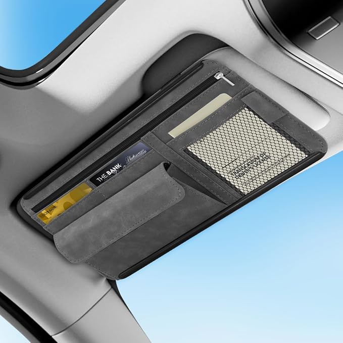 Sun Visor Organizer, Multi-Pocket Auto Visor Organizer for Car, SUV and Truck, Card Holder Glasses Holder for Car Interior Accessories Car Organizers And Storage, Gray
