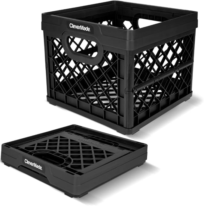 CleverMade Collapsible Milk Crate 25L (6.6 Gal), 50 lb Capacity Heavy Duty Folding Crate – Stackable Storage Crates with File