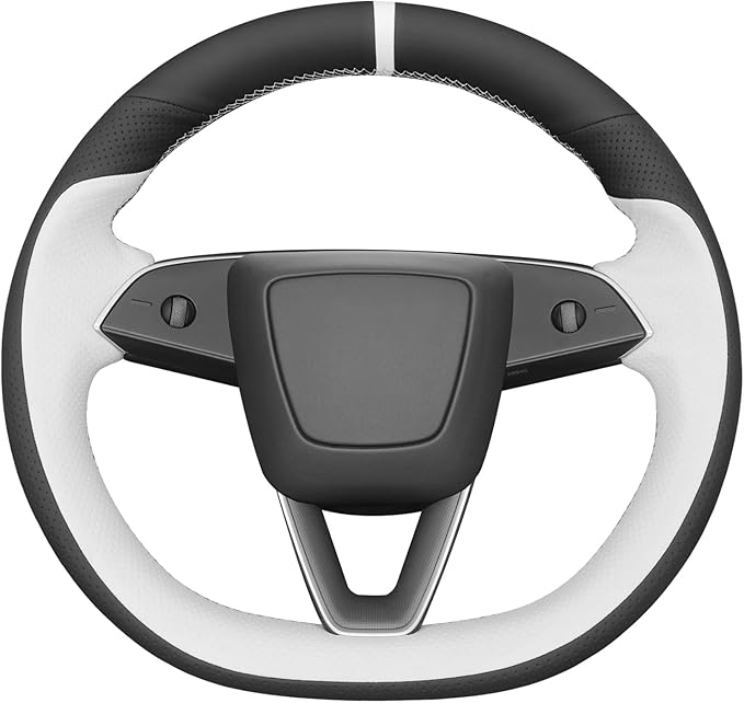 MEWANT Hand Stitched White Leather Steering Wheel Cover for Tesla Model 3 Highland 2023 2024 2025