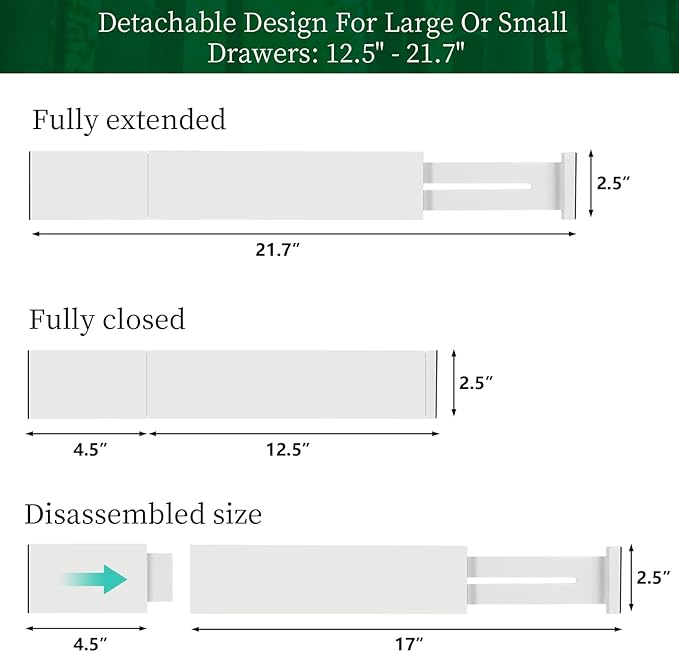 4 Pack Bamboo Drawer Dividers Organizer with Inserts 2.6'' High, Expandable from 12.5-21.7", Adjustable Drawer Organizer Sepa