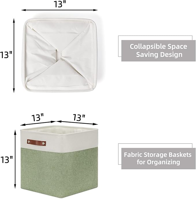 HNZIGE Foldable Storage Cubes & Baskets (3 Pack) - 13 Inch Storage Bin with Leather Handles for Toys, Clothes, Kids (White & 