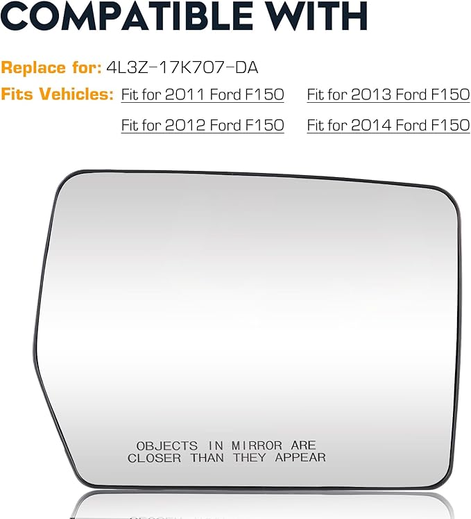 Passenger Right Side Power Heated Mirror Glass for 2011-2014 Ford F-150 with Rear Holder, Blind Spot Convex Side View Mirror, Replace for 4L3Z-17K707-DA