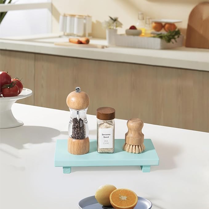 zoocatia Small Wood Tray Pedestal Stand Farmhouse Bathroom Decor Decorative Wooden Riser Kitchen Soap Dish Holder for Vanity,