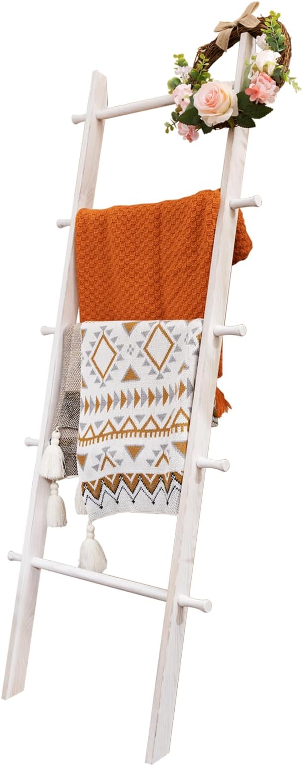 5-Tier Blanket Ladder – 4.8 Ft Wall Leaning Quilt Rack, Farmhouse Blanket Storage for Living Room, Bedroom & Bathroom – Rusti