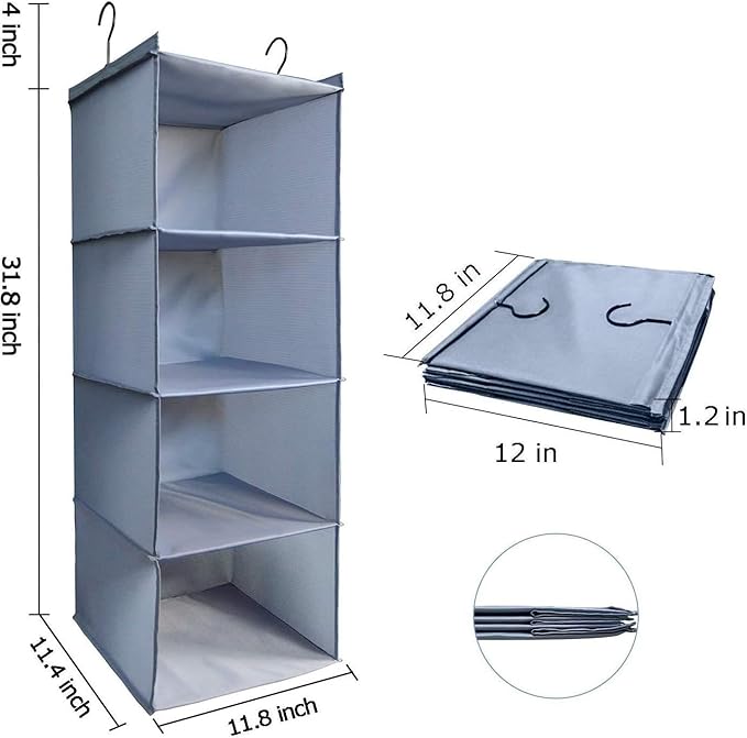 Hanging Closet Organizer, Easy Mount Foldable 4-Shelf Hanging Closet Wardrobe Storage Shelves, Clothes Handbag Shoes Accessor