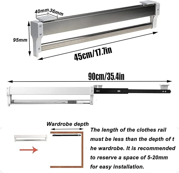 Pull-Out Clothes Rail,Extendable Clothes Rail with Sliding Track,Pull Out Closet Rod Adjustable Wardrobe Rail Clothes Rack,Wa