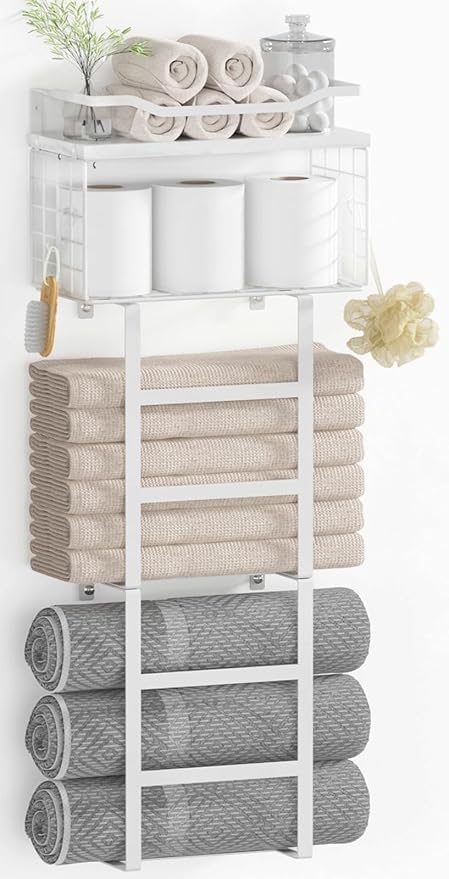 Towel Racks for Bathroom Wall Mounted, 4 tire Bath Towel Storage - with 2 Pack Towel Shelf and Floating Shelves Over Toilet, 