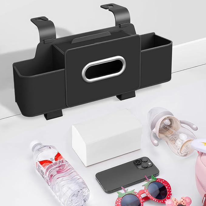 Car Back Seat Organizer with 1 Pack of 80 Tissues, Car Seat Back Tissue Box, and Storage Hook, Multi-Functional Organizer for Phone, Drinks, Handbag, Garbage Bags, Fits Most Car Models