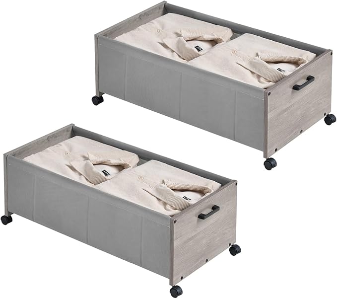 Under Bed Storage with Wheels, Bigger Size, Under Bed Drawers Heavy Duty, 2 Packs, Wooden Under Bed Storage Containers Organi