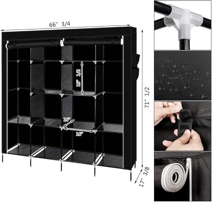 Karlhome 4-Tiers 12 Compartment Canvas Wardrobe, Portable Fabric With Shelves and Cover for Hanging Clothes, Clothes Rail Wit