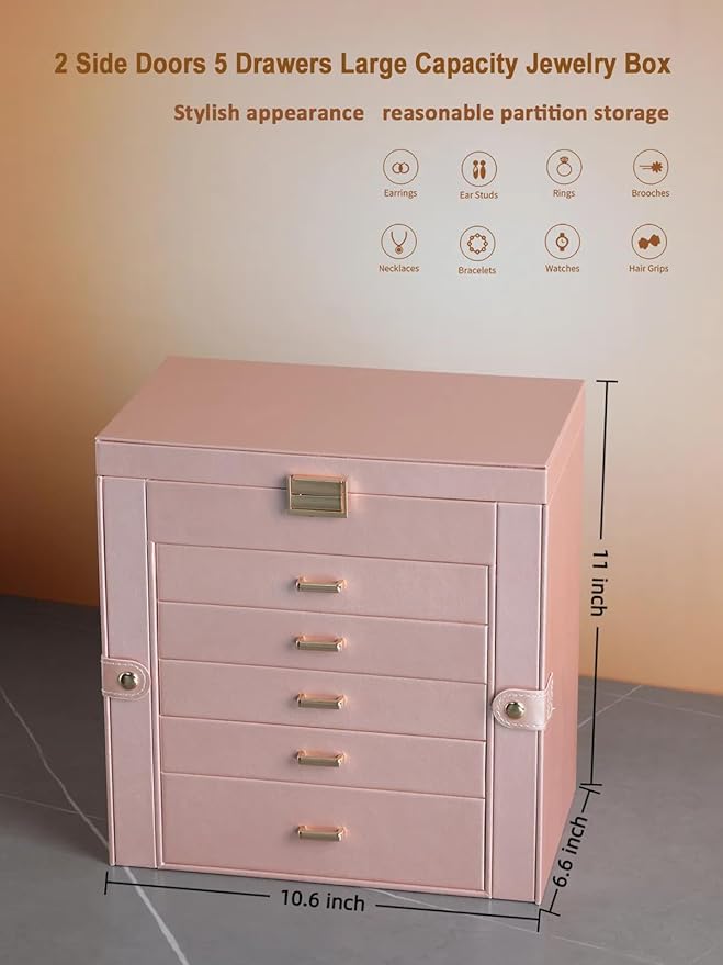 BOOVO Jewelry Box For women, 6 Layer Large Jewelry Organizer With Mirror, Multi-Function Storage Box With Lock, Necklace Hold