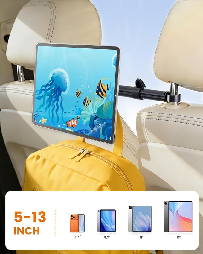 OHLPRO Car Headrest Tablet Mount Holder for Kids Road Trip Essentials - Extendable Aluminum Bar (33" Max) for Center View, 360° Rotation Magnetic Backseat Stand Fits 4.7-12.9" Tablet & Phone