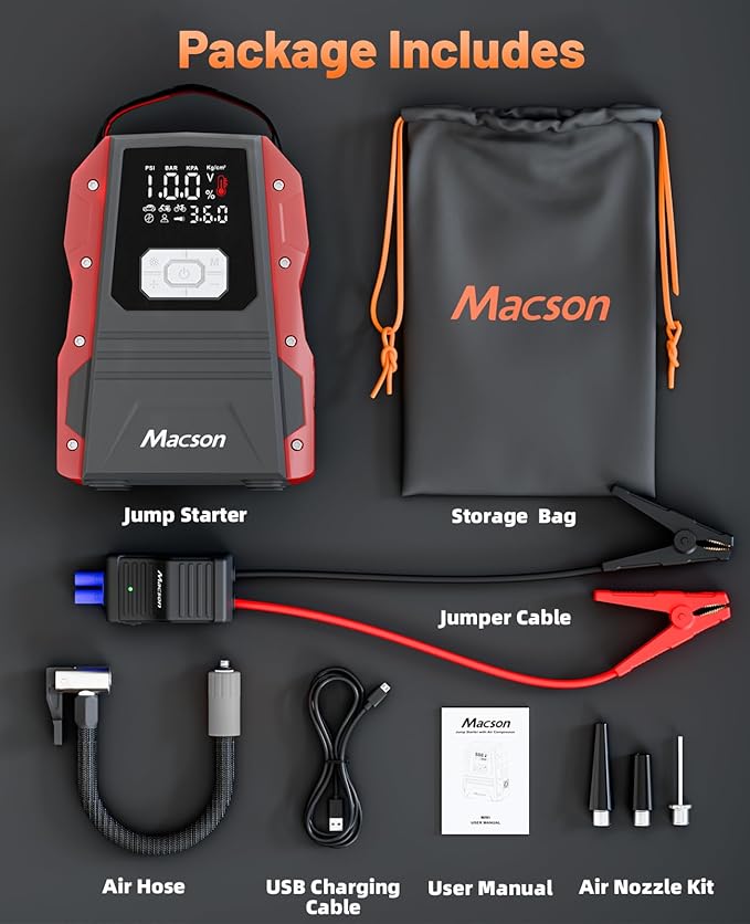 5000A Jump Starter with Air Compressor - Portable 12V Jump Box Battery Pack for 9.0L Gas/8.0L Diesel Engines, Car Jumper