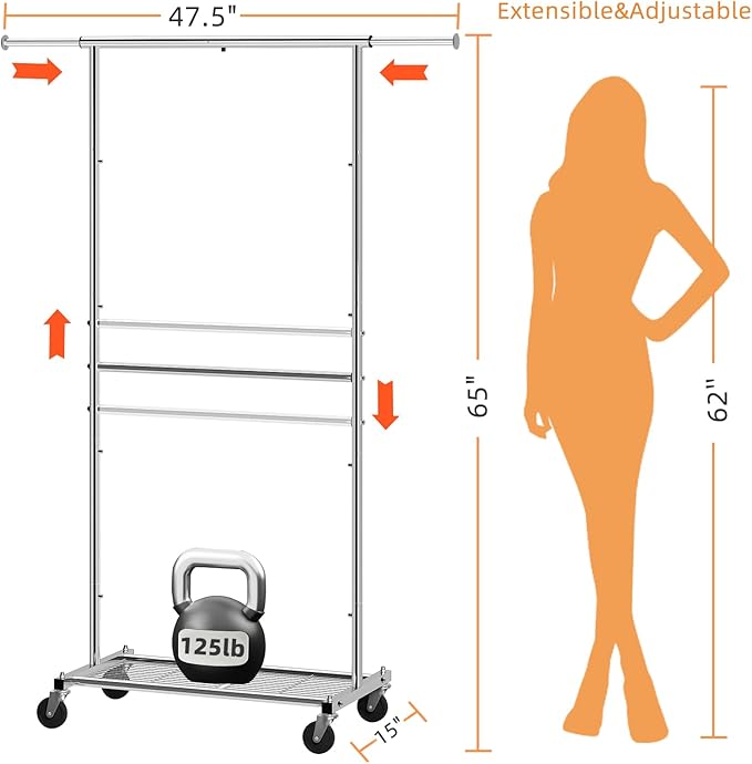 Simple Trending Standard Clothing Garment Rack, Rolling Clothes Organizer with Wheels and Bottom Shelves, Extendable, Chrome