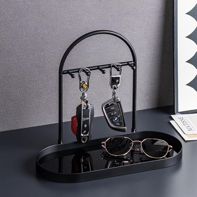 Shinpuru Metal Jewelry Organizer Stand & Key Holder Tray with Acrylic Base, Key Stand and Jewelry Tray with 5 Hooks, Perfect 