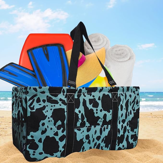 NGIL Extra Large Utility Tote Reusable Grocery Bag Oversized Collapsible for Groceries, Storage, Picnic, Beach (Cow Turquoise- Turquoise)