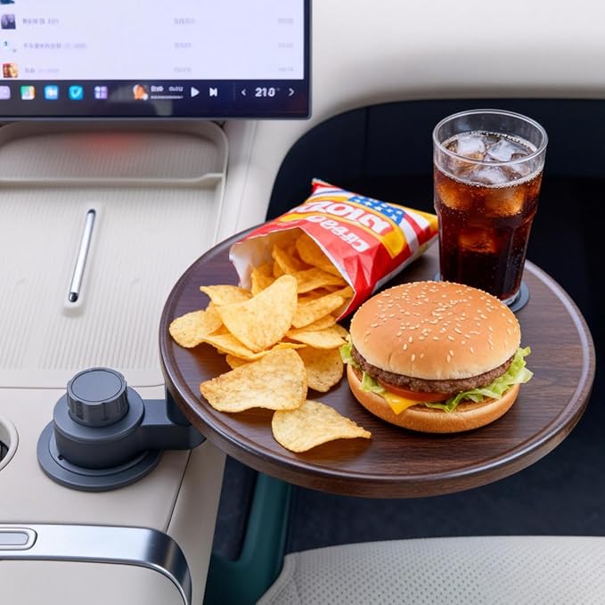 Car Tray for Eating & Laptop Desk - 360° Rotation Birch Wood Cup Holder/Steering Wheel Tray - Portable in-Car Dining & Work Desk, Universal Fit for Most Vehicles