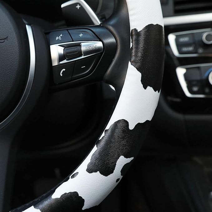 Dotesy Leather Cow Pattern Steering Wheel Cover Protector Cow Print Car Accessories Anti Slip Universal for 36.5-38cm (Black 