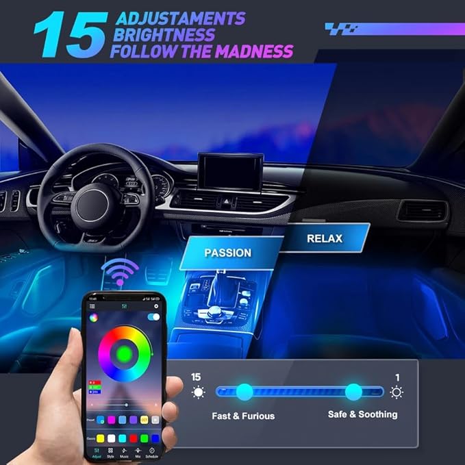 Car LED Strip Lights,72 LED Interior Strip Lights RGB with Smart APP Remote Control,Multicolor Footwell Under Dash Inside Light Kits Music Sync Mode, for Vehicle Internal, SUV, Trucks, 12V