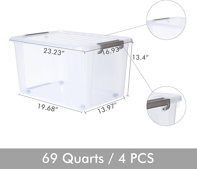Citylife 69 QT Plastic Storage Bins with Latching Lids Stackable Storage Containers for Organizing Large Clear Storage Box fo