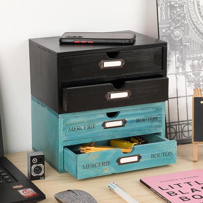 Wooden Storage Box Rustic Desktop Organizer with 2 Drawers Office Desk Accessories Shelf Small Craft Storage Containers Apoth