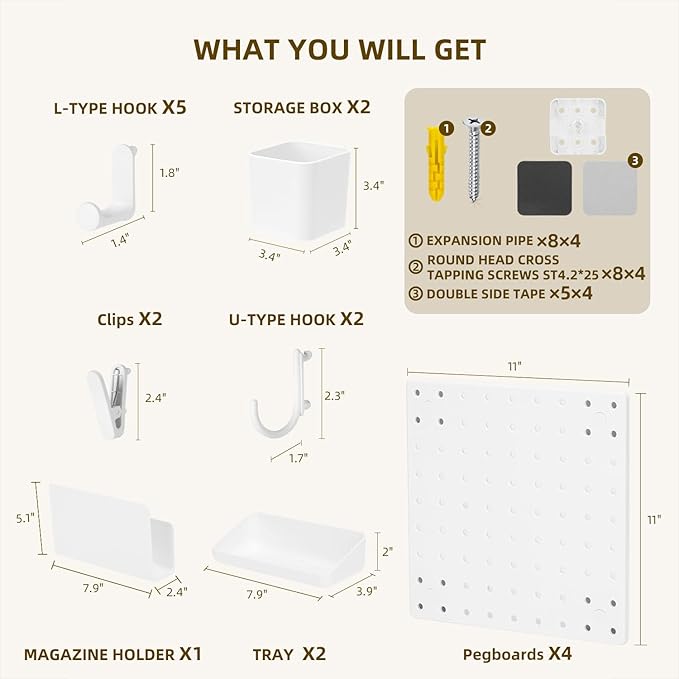 VUSIGN Peg Board Combination Kit, 22"x22" Pegboards and Accessories for Wall Organization with Two Installation Modes, Pegboa