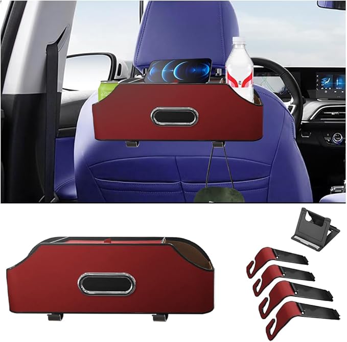 AUCELI Car Seat Back Organizer with Cup Holder and Tissue Box, Headrest Hanging Storage Box with Hooks and Phone Holder, Multi-Function Travel Tray for Kids, Road Trip Car Accessories