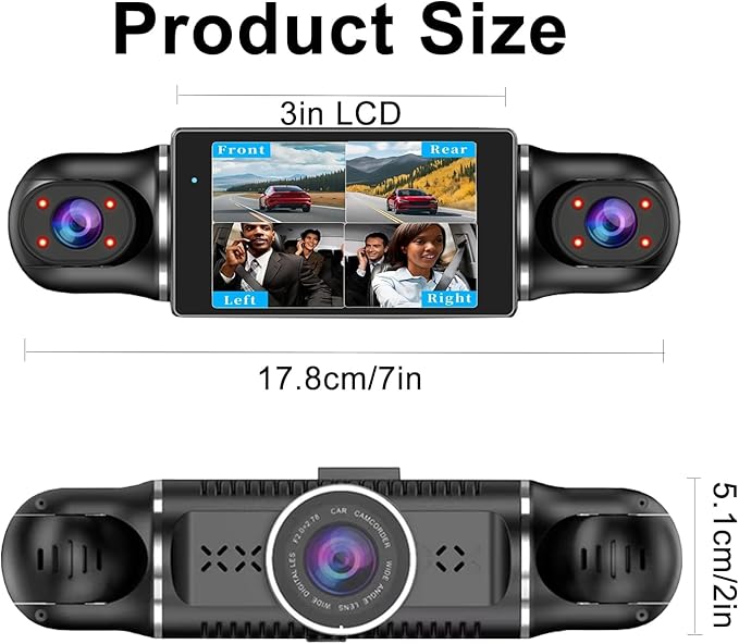 4 Channel Dash Cam Front and Rear Inside Back 360° FHD 2K Dash Camera for Cars, WiFi, GPS, G-Sensor, WDR 24/7 Parking Mode, 1