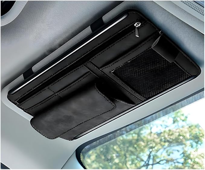 Car Sun Visor Organizer, Soft Leather Surface Eyeglasses Note Card Holder Car Storage Bag, Scratch-Resistant Waterproof Auto Sunshade Organizer Bag, Car Accessories (Black)