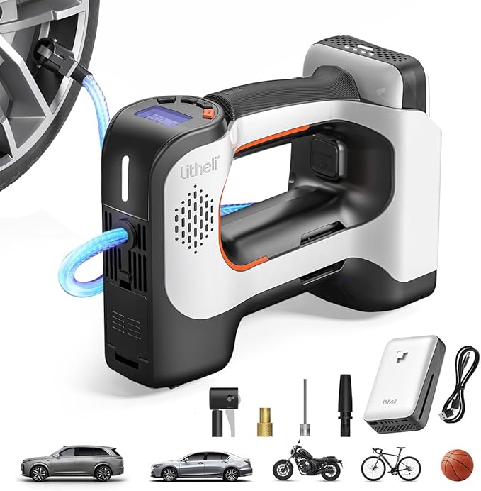 Litheli 20V Cordless Air Compressor, Portable Tire Inflator with 2.0Ah Battery, 150 PSI Cordless Tire Pump for Car, Bike, and Sports Balls, 3 Nozzle Adapters Included