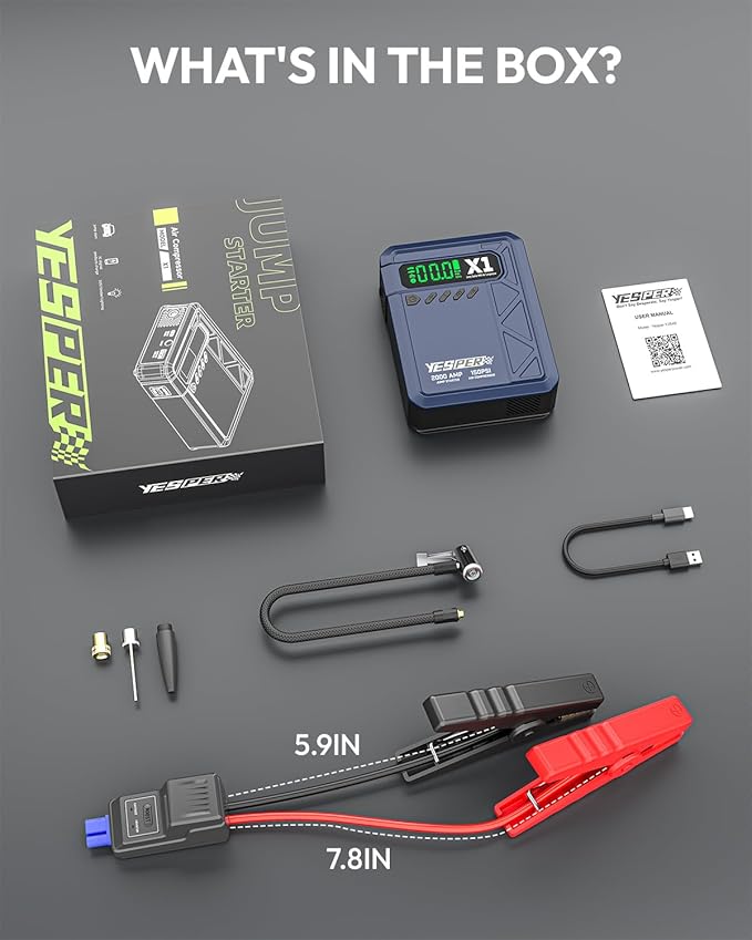 YESPER Jump Starter with Air Compressor 2000A 150PSI Battery Jumper Starter Portable(8L Gas/6L Diesel) 12V Car Jump Pack