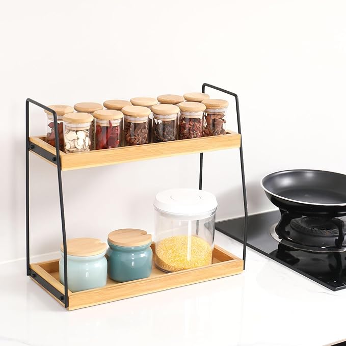 Bamboo Bathroom Counter Organizer, Wooden Bathroom Sink Countertop Organizer, 2 Ties Vanity Counter Top Shelf, Dresser Skinca