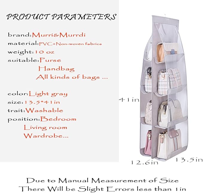 MURRI&MURRDI 2 Packs Hanging Handbag Organizer for Closet, Purse Storage Holder with 8 Easy Access Clear PVC Pockets, Womens 