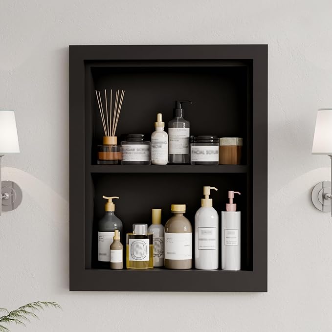 Solid Wood 14 X 18 Recessed Medicine Cabinet,2-Tier, Medicine Cabinet Organizer,Wall Niche, Bathroom Wall Cabinet Black