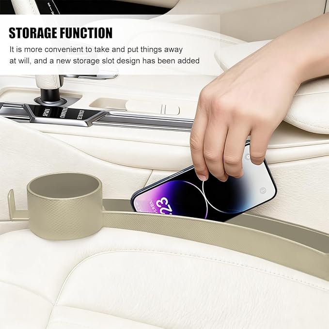 2PCS Car Seat Gap Filler, Dual Slot Carbon Fiber Vehicle Side Seat Gap Organizer Strip with Cup Holder, Auto Console Guard Spacer Stop Things from Dropping, Universal Fit (Beige)