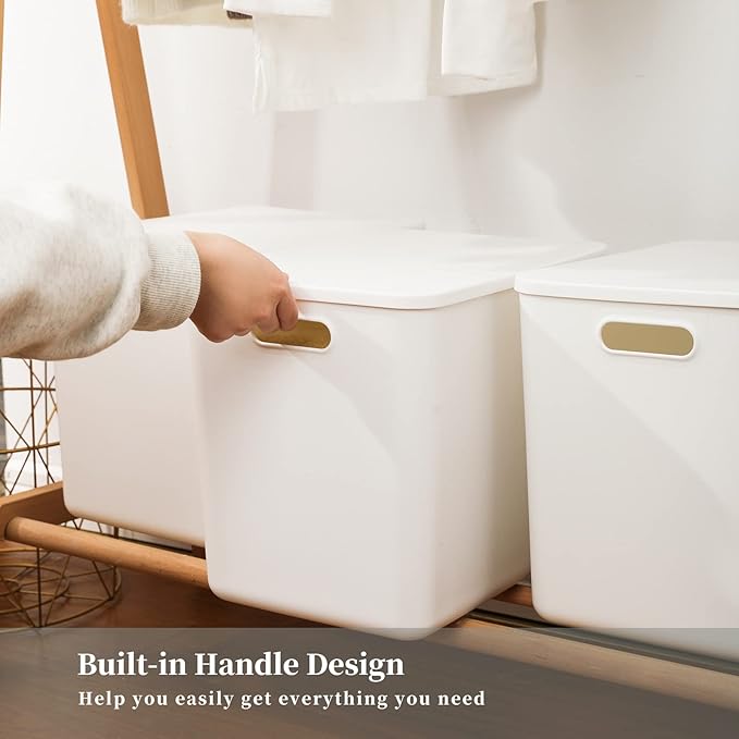 Yishyfier Plastic Storage Baskets Bins Boxes With Lids,Organizing Container White Storage Organizer Bins For Shelves Drawers 