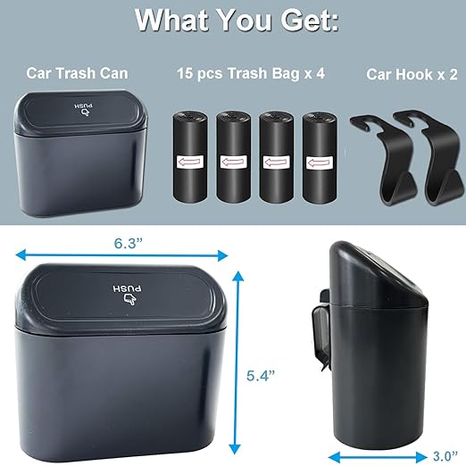 Kitbest Car Trash Can Bin with Lid, 60 pcs Trash Bags and 2 pcs Car Hooks. Mini Car Garbage Can, Dustbin Can Organizer Storage for Front Back Seat Accessories for Car Office Home