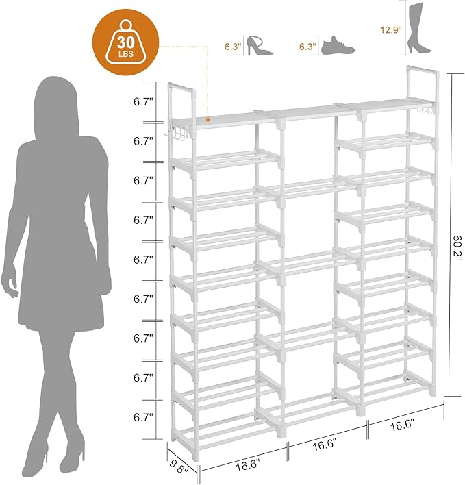 WOWLIVE 9 Tiers Large Shoe Rack White Shoe Rack Organizer for Closet 50-55 Pairs Stackable Heavy Duty Shoe Shelf Shoe Storage